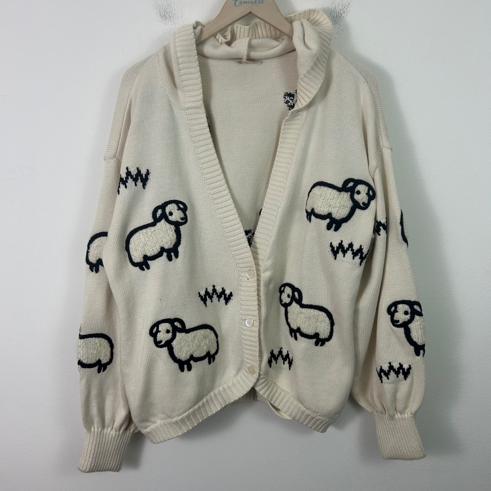 LyreBird Cream Womens Medium Sheep Pattern Hooded Cardigan Sweater Cotton Blend